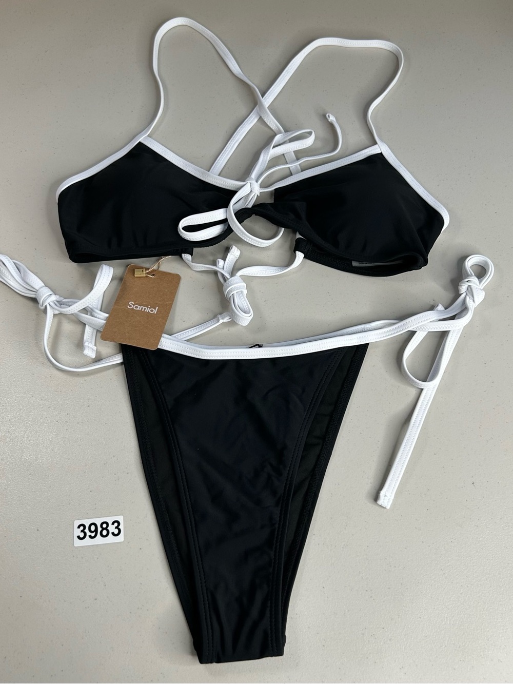 Samiol Bikini Set Medium Black White Contrast Triangle Top Tie Bottom